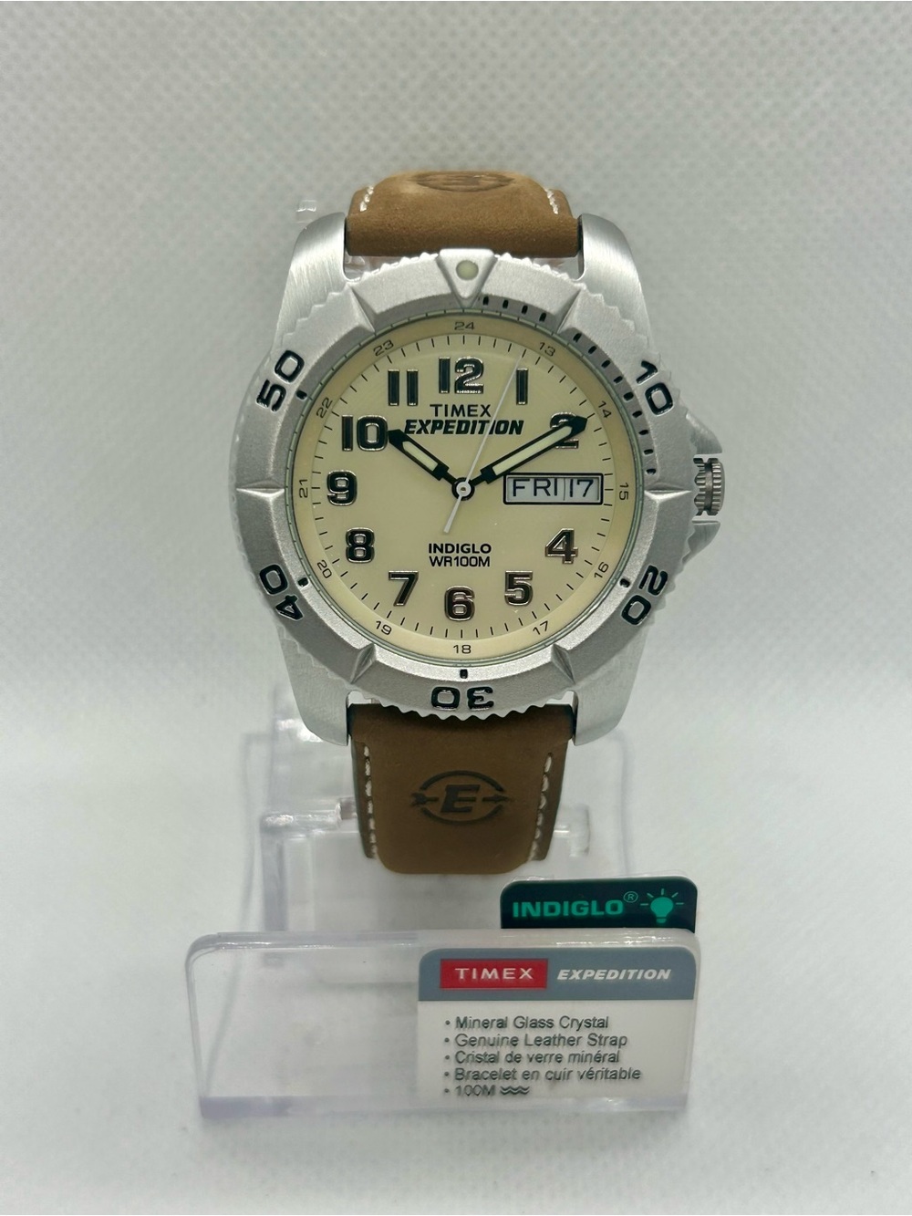 Timex Expedition Indiglo Day Date Brown Leather Field Watch WR100M